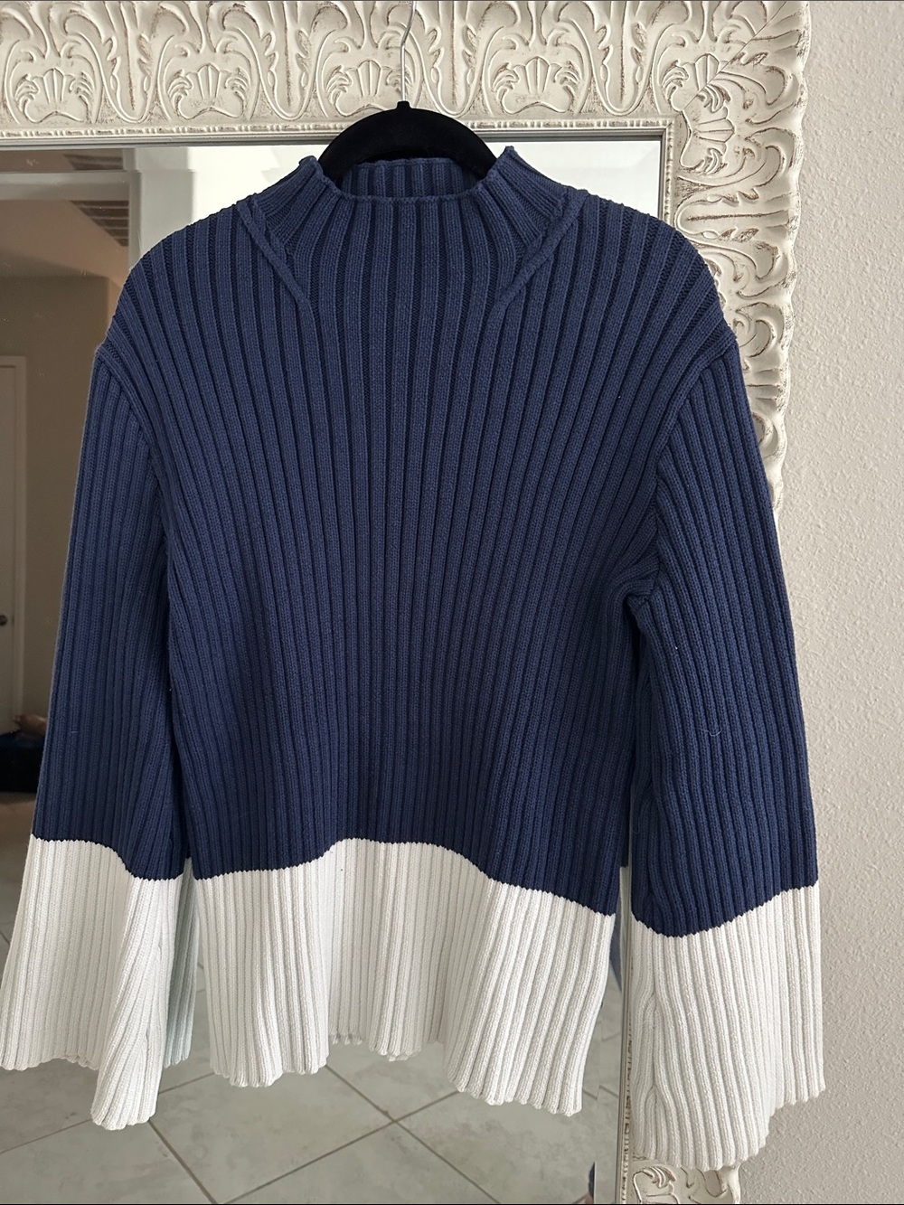 Polo by Ralph Lauren Navy and White Colorblock Ribbed Crewneck